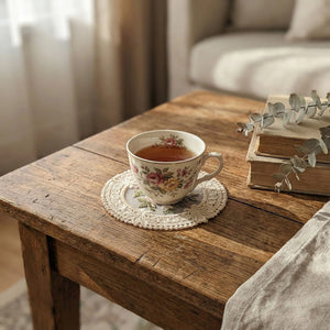 The Lace Embroidered Floral Coaster Set adds timeless elegance to coffee tables, vanities, and dining spaces. Designed with intricate lace detailing and a delicate floral embroidered center, this decorative coaster brings vintage-inspired charm to your home. The fabric construction helps absorb light condensation while providing a soft barrier between cups and surfaces. Ideal for everyday use or display, it combines romantic detailing with practical table protection. Set of four. 4.75" Diam