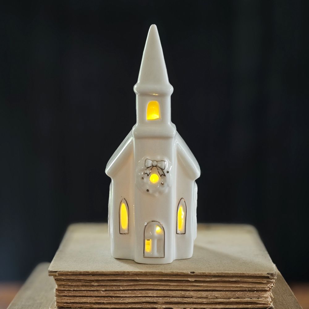 Lighted Ceramic Church with Steeple