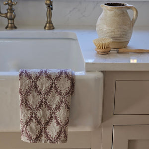 Linen Tea Towel with Aubergine Floral Shield Design