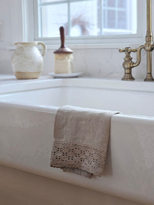 There is something luxurious, and yet relaxed about our Linen and Crochet Lace Tea Towel Set. Super soft 100% natural linen combine with a sweet crochet lace trim for a rustic French Country look. These durable kitchen linens are irreplaceable helpers when dealing with spills and splashes. We love the simple elegance and down-to-earth look, with wrinkles that simply add to the relaxed charm. They create an instant vintage feel inspired by old European farmhouse style. 