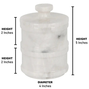 Ideal for kitchen organization, this Marble Stackable Salt and Spice Cellar provides stylish storage and convenience. The hand-crafted marble canisters stack together with a lid for easy access and convenience. Perfect for both everyday use or entertaining, this set includes two canisters and one lid. Each canister is 4" Diam x 2"H. Overall 5"H 