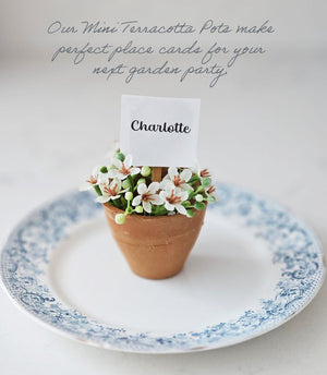 Our Mini Terracotta Pots make a great accent for any shelf or tabletop. Each pot looks weathered and worn, as though it was just found in the corner of an old potting shed. Start seeds or stack them on a shelf for a rustic look. Pots do not include hole for drainage. Set of three. Herb Markers not included. Color and shape may vary.