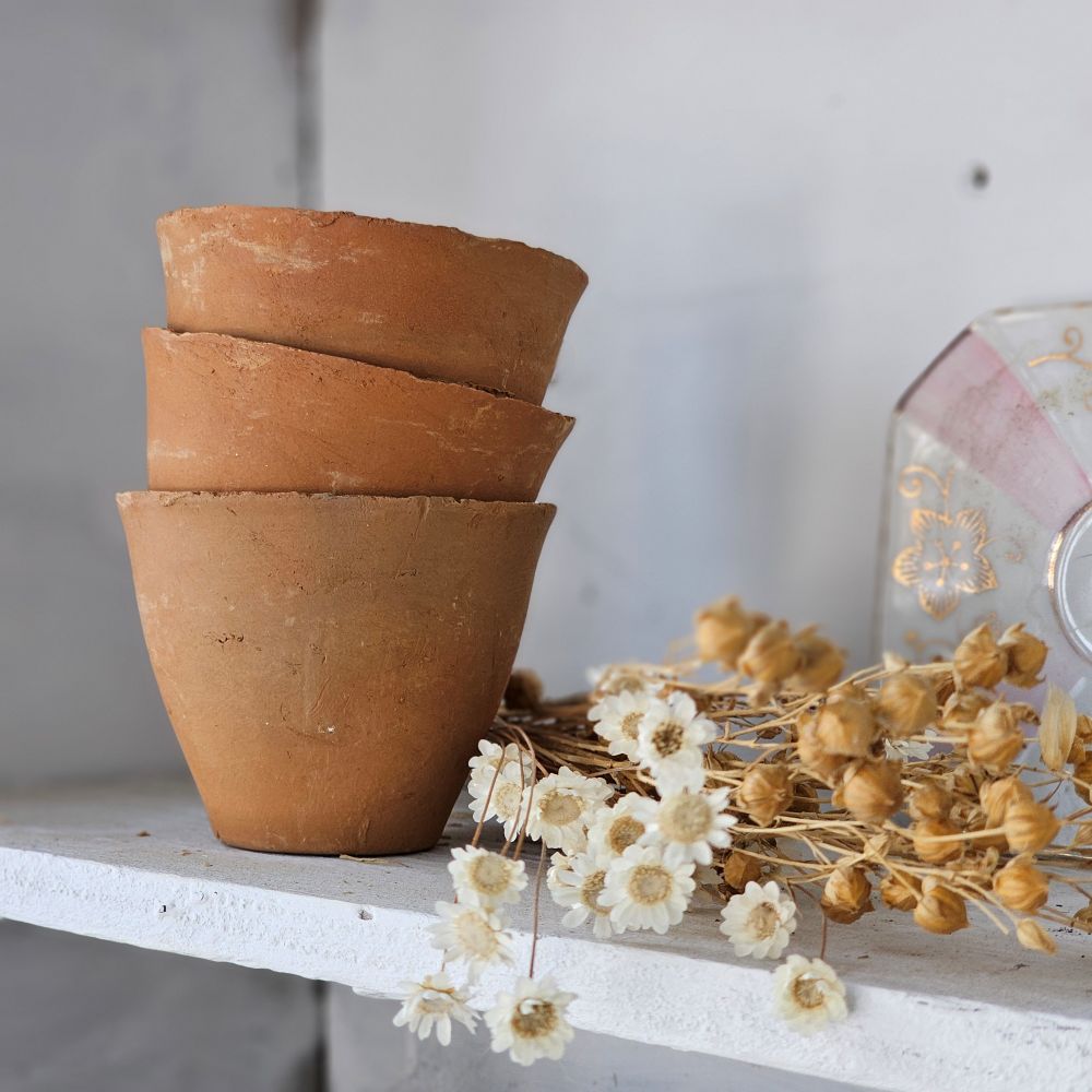 Our Mini Terracotta Pots make a great accent for any shelf or tabletop. Each pot looks weathered and worn, as though it was just found in the corner of an old potting shed. Start seeds or stack them on a shelf for a rustic look. Pots do not include hole for drainage. Set of three. Herb Markers not included. Color and shape may vary.