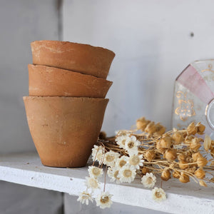 Our Mini Terracotta Pots make a great accent for any shelf or tabletop. Each pot looks weathered and worn, as though it was just found in the corner of an old potting shed. Start seeds or stack them on a shelf for a rustic look. Pots do not include hole for drainage. Set of three. Herb Markers not included. Color and shape may vary.