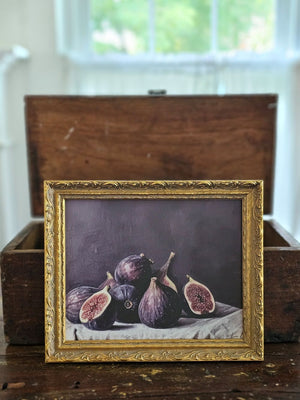 The Moody Fig Still-Life showcases the fruit's natural beauty with its rich, deep purple tones and intricate texture. Each print is designed to replicate French antique artwork. These beautiful antique style prints are featured in an intricately crafted frame and finished with a golden bronzed patina, adding depth and character to your space. These art pieces are printed on a high-quality canvas with a soft velvet backing and a jagged gold hanger.