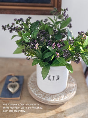 The Mountain Laurel is a revered evergreen with springtime blooms. Our faux Mountain Laurel Bud Bush is brimming with clusters of tiny lilac/purple buds and dark leaves. Fill vases and baskets with this abundant bush. This lush greenery is the perfect addition to any arrangement, adding a touch of charm to any room. Made of plastic. Each is approximately 7.5" W x 15.5"H