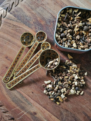 Mustard Block Print Enameled Measuring Spoon Set with Mulling Spice