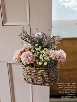 Pink Thistle with Lavender Asparagus in Natural Willow Wall Basket