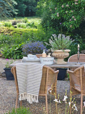 The Nautical Stripe Turkish Towel is an oversized towel revered for its quick drying ability. This charcoal and cream striped towel is inspired by ones found throughout historic Mediterranean beach towns on the French Riviera.

Made from finely loomed Turkish cotton, these towels are perfect for traveling, as they dry very quickly, are highly absorbent and pack very small. And they are not only for the beach, bath or pool, they have many other uses.