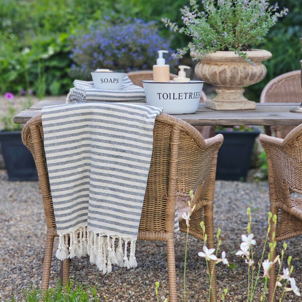 The Nautical Stripe Turkish Towel is an oversized towel revered for its quick drying ability. This charcoal and cream striped towel is inspired by ones found throughout historic Mediterranean beach towns on the French Riviera.

Made from finely loomed Turkish cotton, these towels are perfect for traveling, as they dry very quickly, are highly absorbent and pack very small. And they are not only for the beach, bath or pool, they have many other uses.