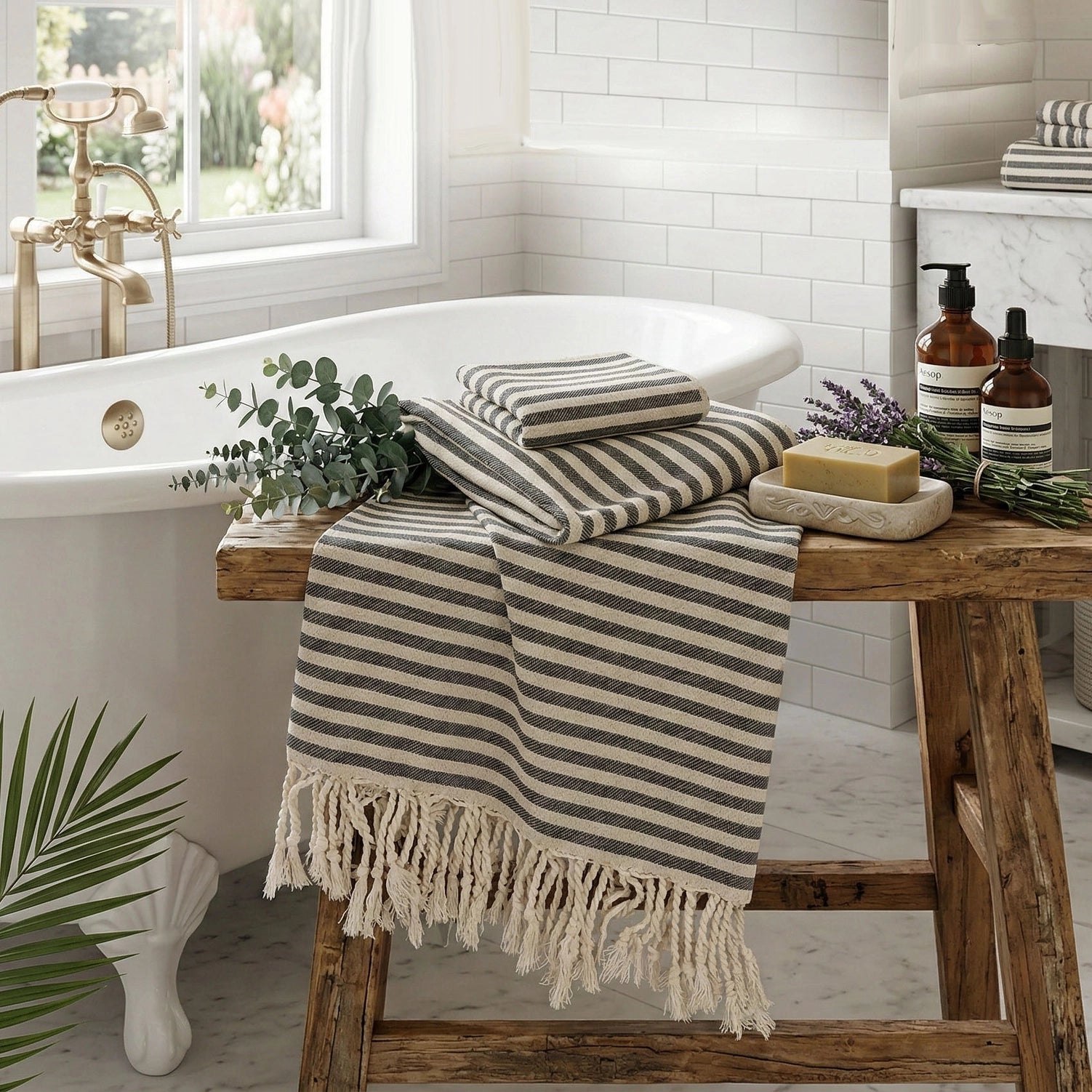The Nautical Stripe Turkish Towel is an oversized towel revered for its quick drying ability. This charcoal and cream striped towel is inspired by ones found throughout historic Mediterranean beach towns on the French Riviera.

Made from finely loomed Turkish cotton, these towels are perfect for traveling, as they dry very quickly, are highly absorbent and pack very small. And they are not only for the beach, bath or pool, they have many other uses.