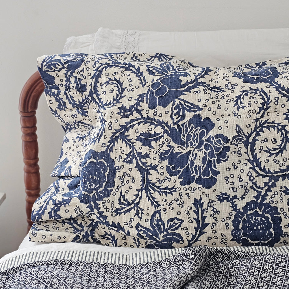 Navy Blue Floral Pillow Case Set Farmhouse Wares