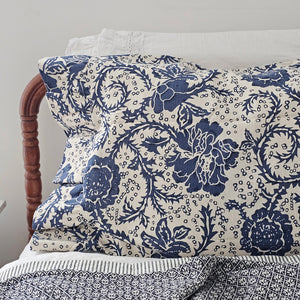 Add beautiful texture and vintage style to your bedroom with the Navy Blue Floral Pillow Case Set. The floral pattern, in navy blue against a natural cream base, lends a country cottage look that coordinates well with other patterns. The set includes two 21x26 pillow covers with additional 4-inch ruffles at the opening. The 100% thick cotton weave features double-sewn seams for extra durability as well as extra length to ensure good coverage of your fill pillow (not included). 