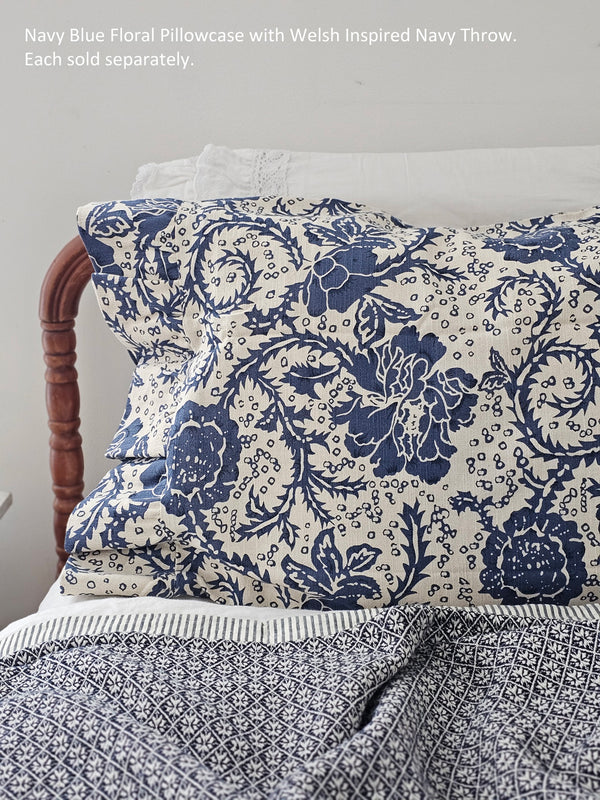 Navy Blue Floral Pillow Case Set Farmhouse Wares