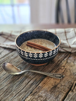 Nightbloom Folk Bowl shown with Warm Oatmeal for a cozy winter farmhouse look