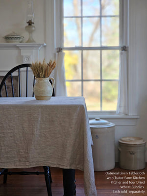 Relaxed farmhouse elegance is made easy with this Oatmeal Linen Tablecloth and Tudor Pitcher. The earthy flax color creates an instant vintage feel inspired by old European farmhouse style. Washed linen is know for its softness and texture. This natural linen will quickly become a treasured heirloom. 100% Linen. Made in the USA