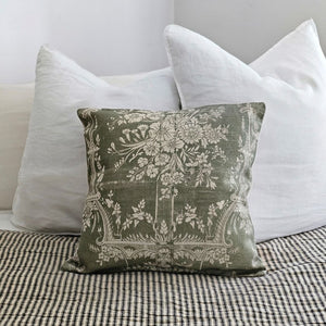 The Old World Sage Floral Pillow brings a touch of French Country cottage style to any room. Featuring a soft fabric that has a slightly aged look, making it feel as though it was found in a Paris flea market. The floral pattern has old-world charm that will instantly add a vintage touch. The cover is easy-to-remove with its zipper closure. Spot clean only. 100% cotton cover with Polyester insert. 16" x 16"