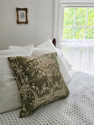 The Old World Sage Floral Pillow brings a touch of French Country cottage style to any room. Featuring a soft fabric that has a slightly aged look, making it feel as though it was found in a Paris flea market. The floral pattern has old-world charm that will instantly add a vintage touch. The cover is easy-to-remove with its zipper closure. Spot clean only. 100% cotton cover with Polyester insert. 16" x 16"