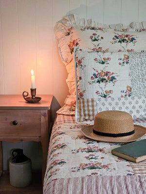 Old World Gold Chamberstick Taper Candle Holder with Cottage Rose Bedding