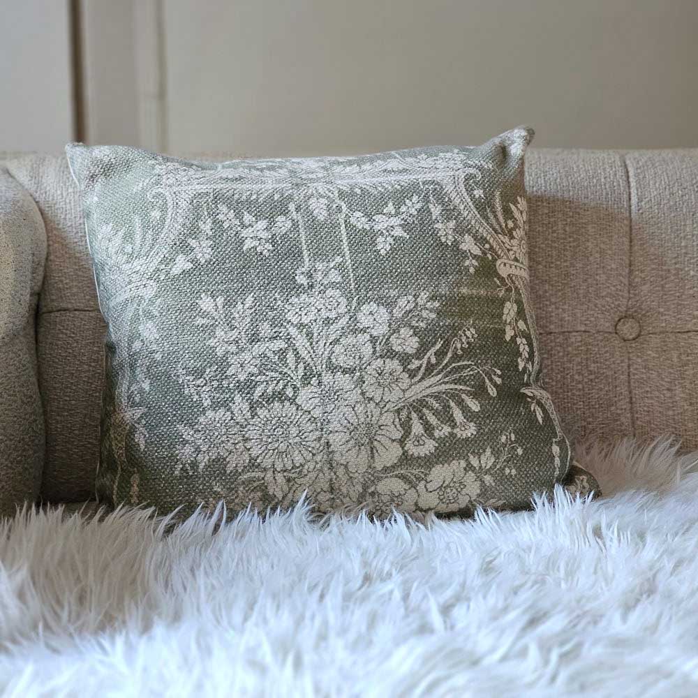 The Old World Sage Floral Pillow brings a touch of French Country cottage style to any room. Featuring a soft fabric that has a slightly aged look, making it feel as though it was found in a Paris flea market. The floral pattern has old-world charm that will instantly add a vintage touch. The cover is easy-to-remove with its zipper closure