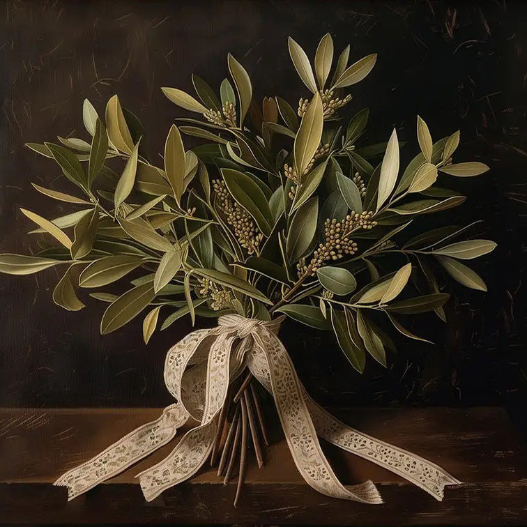 This beautiful art print features a bouquet of olive branches wrapped in an ivory ribbon on a moody, dark background. The Olive Branch Bouquet Still Life Art Print is a vintage reproduction print that lends an antique charm to any room.&nbsp; It is printed on high quality card stock with archival ink. Original art has been digitally retouched to preserve characteristics, grain and cracks. Image size: 10"L x 8"H. Frame not included.