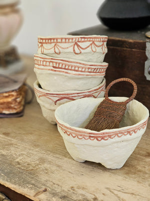 Handcrafted in the time-honored fashion and painted using a traditional henna technique, each Paper Mache Kashmir Bowl bring a unique character. Offered in four different patterns, each piece is one of a kind and are a beautiful accent for a bookshelf or a casual catchall. For decorative use only. Each bowl sold separately. 5.75" Diam x 3.75"H