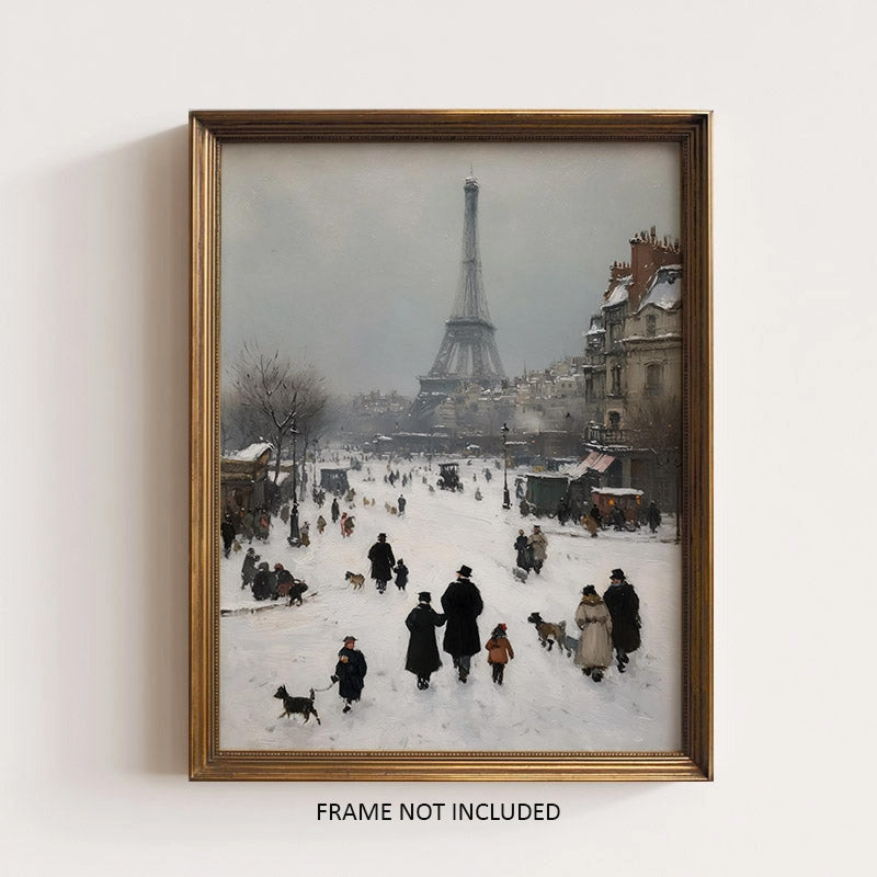 This beautiful Paris in the Snow Impressionist Art Print features a bustling city with the Eiffel Tower in the distance. This vintage reproduction print that lends an antique charm to any room. It is printed on high quality card stock with archival ink. Original art has been digitally retouched to preserve characteristics, grain and cracks.