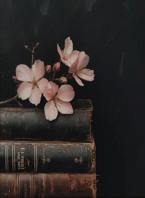 This Vintage Still Life Art Print with Pink Blossoms and Books adds an enchanting charm to any room. Pinks, browns, blacks blend together to create this moody still-life. The art is printed on high quality card stock with archival ink. Original art has been digitally retouched to preserve characteristics, grain and cracks. Image size: 8"x10". Print only. No frame included.