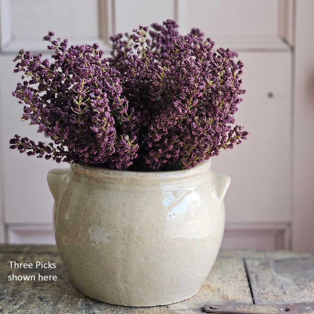 Add rich, moody style to your home with our Plum Astilbe Bush Pick. Sweet clusters of plum colored blooms nestle together for an abundant aubergine bouquet. The bush stands 10.5 inches tall and the deep eggplant color adds old-world beauty to any season. These faux florals will inspire lots of great ideas for any home stylist looking for natural accents without a lot of maintenance. Crock and basket sold separately (both shown with three bush picks). 10.5” H