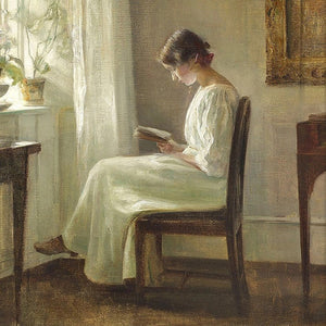 The Portrait of Woman Reading Art Print is a vintage, moody print depicting a quiet moment of a woman reading by a sunny window. Print paper size: 5 x 7. Frame not included.