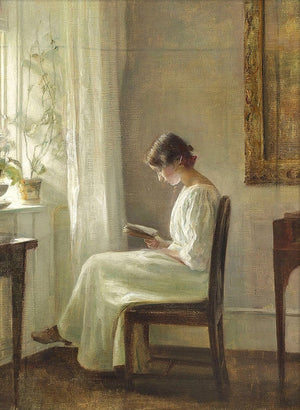 The Portrait of Woman Reading Art Print is a vintage, moody print depicting a quiet moment of a woman reading by a sunny window. Print paper size: 5 x 7. Frame not included.