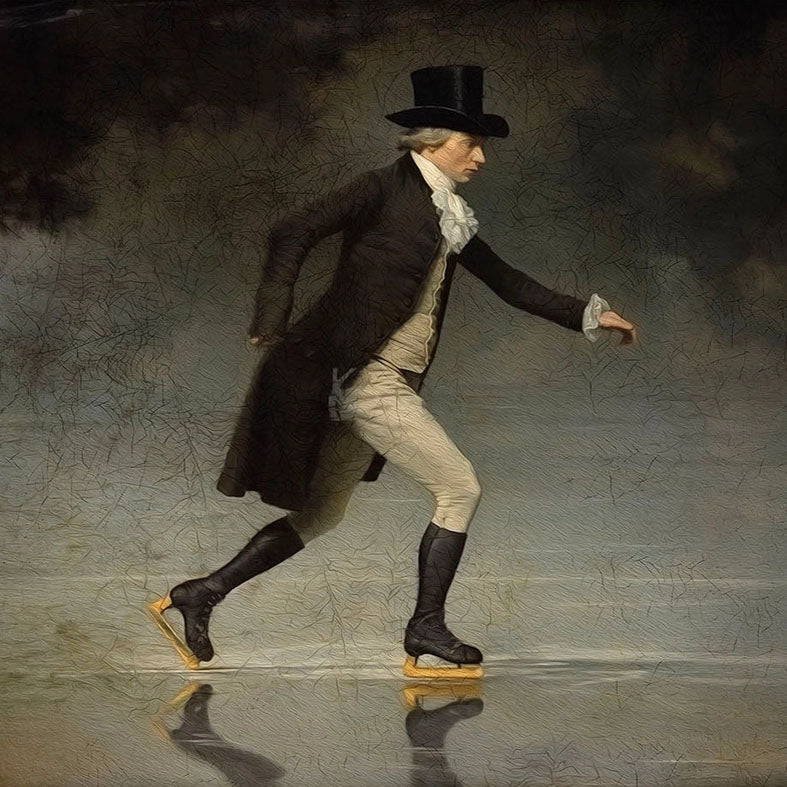 The Portrait of Victorian Man Skating Art Print has a moody, dark background and has a whimsical feeling. It is a vintage reproduction print that lends an antique charm to any room. It is printed on high quality card stock with archival ink. Original art has been digitally retouched to preserve characteristics, grain and cracks. Image size: 10"L x 8"H. Frame not included.