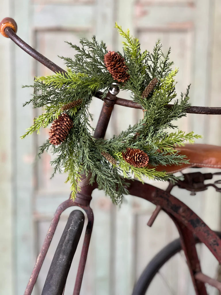 Frosted Pine Cone 6.5 inch Winter Candle Ring With Evergreen Branches And  Leaves