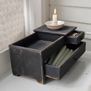 Our Primitive Desktop Storage with Drawers is perfect for candles, soaps, pens, and pencils. It is a versatile piece for farmhouse organization. Use on the kitchen counter to create a mini coffee bar, storing k-cups while keeping sugar and other essentials on the top tray. Add to a vintage farmhouse bath to stash away soaps. Keep taper candles and wood matches at the ready (our Fox and Hare Matches fit perfectly). It makes a great storage box for craft or office supplies, jewelry and more. This sturdy wood 