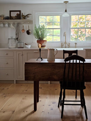Shaker Kitchen, Farmhouse Kitchen with Peg Rail Shelf and Primitive Blacksmith Taper Candle Holder 