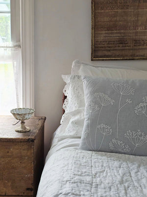 Embroidered Queen Anne's Lace Pillow with Mercury Glass Pedestal Bowl