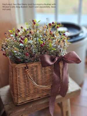 Red Berries and Eucalyptus in Wicker Carry Basket Bag