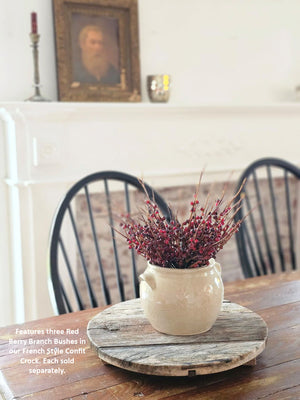 Add a rustic touch to any bowl, basket or pot with our Red Berry Branch Bush. The country red colored berries and brown branches lend an earthy charm to any room in your farmhouse. This faux berry bush can easily tuck in to any bowl or basket to create a farm table centerpiece that will look beautiful in any season. Vases and ribbon not included. 13”