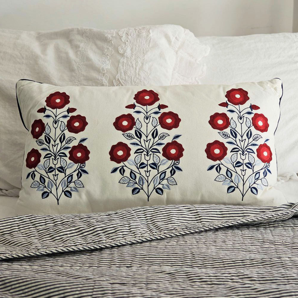 Embroidered Red White and Blue Folk Flower Pillow