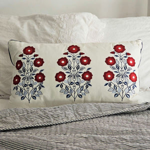 Embroidered Red White and Blue Folk Flower Pillow