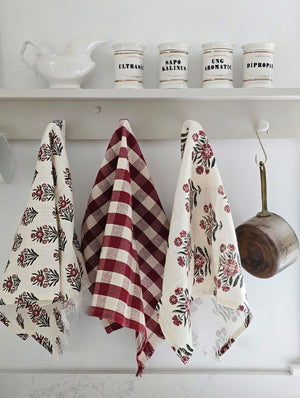 Green and Red Gingham and Block Print Tea Towel Set