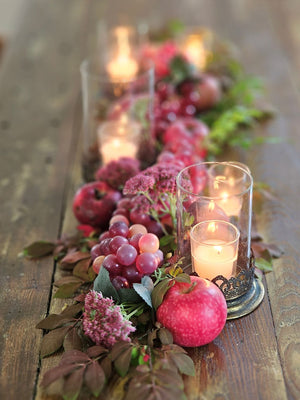 Red Grapes with Gold and Glass Candle Hurricane Holders, Fall Centerpiece, Farm Table Centerpiece