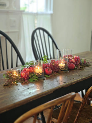 Red Grapes with Gold and Glass Candle Hurricane Holders, Fall Centerpiece, Farm Table Centerpiece