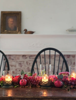 Red Grapes with Gold and Glass Candle Hurricane Holders, Fall Centerpiece, Farm Table Centerpiece
