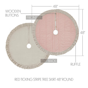 The Red Ticking Stripe Christmas Tree Skirt lends old-timey vintage charm to your holiday home. This 48" regular tree collar has a 100% cotton shell featuring a textured chambray striped pattern and ruffled border for that old-fashioned feel. The reverse side is a rustic farmhouse oatmeal, which gives it a flax linen feel. Wood buttons finish off this beautiful tree skirt.