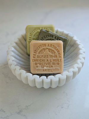French Soaps in Ribbed Marble Bowl