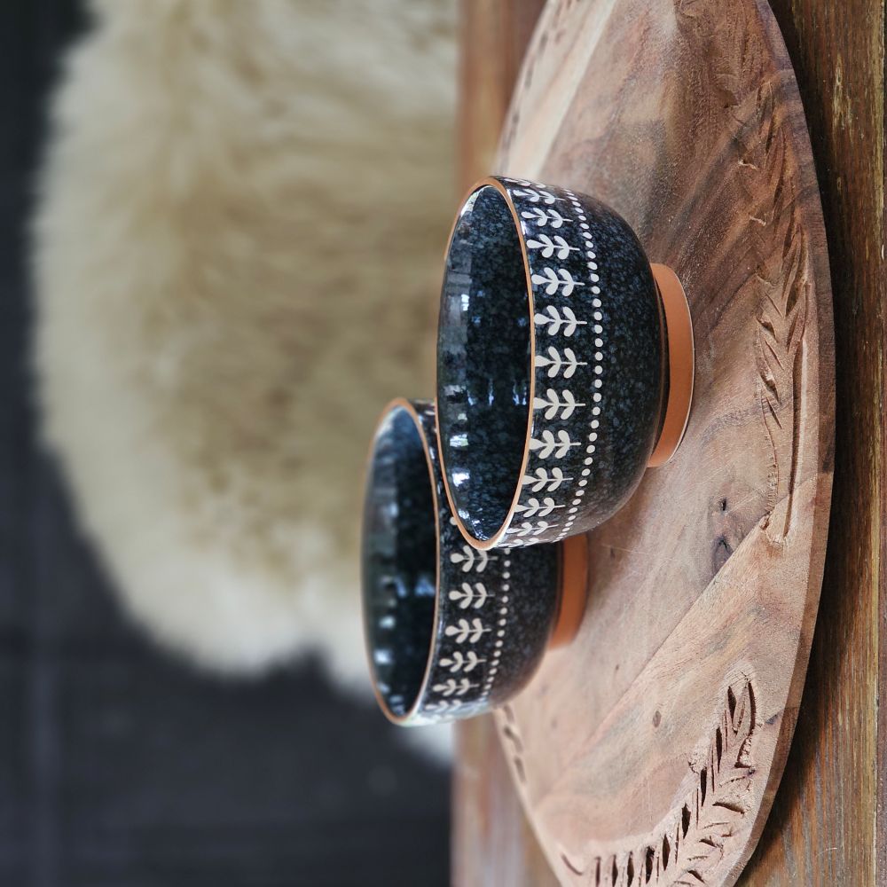 Nightbloom Folk Bowls,  stoneware bowls in rich midnight blue with delicate white folk-pattern, Rustic Farmhouse Bowls, Winter Farmhouse Style