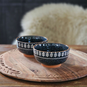 Nightbloom Folk Bowls,  stoneware bowls in rich midnight blue with delicate white folk-pattern, Rustic Farmhouse Bowls, Winter Farmhouse Style