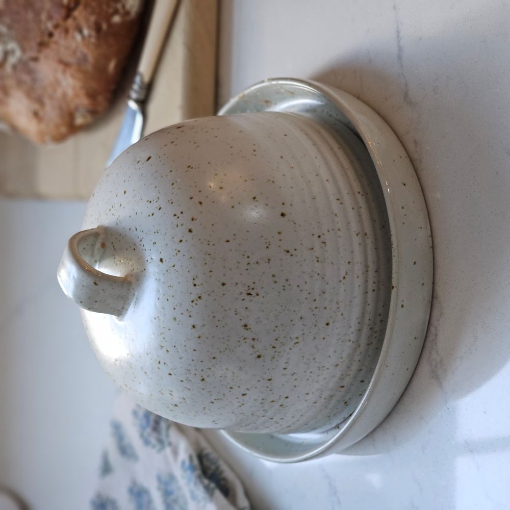 Keep butter close at hand with our Rustic French Butter Dish with Dome. Perfect style for old country kitchens, this generously sized ceramic dish can hold two sticks of butter. 6.75" Diam x 5.25"H