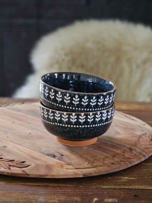 Nightbloom Folk Bowls,  stoneware bowls in rich midnight blue with delicate white folk-pattern, Rustic Farmhouse Bowls, Winter Farmhouse Style
